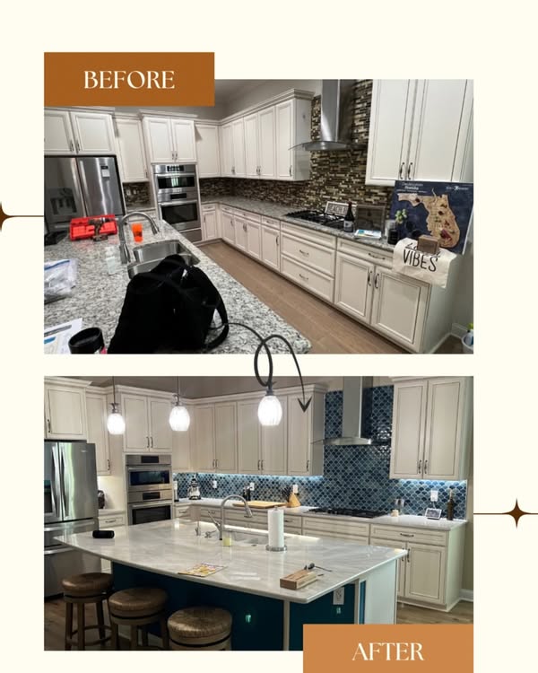 Before and after kitchen update collage published by Mutch-2-Do